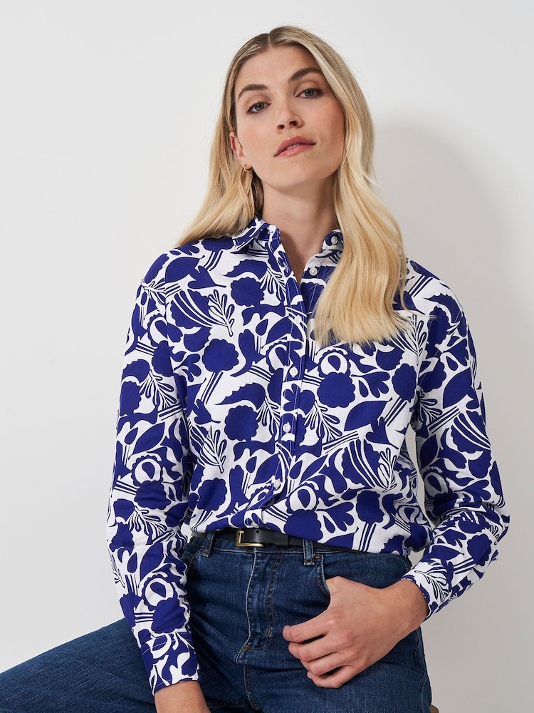 Crew Clothing Blue Printed Linen Blend Shirt - Image 1 of 5
