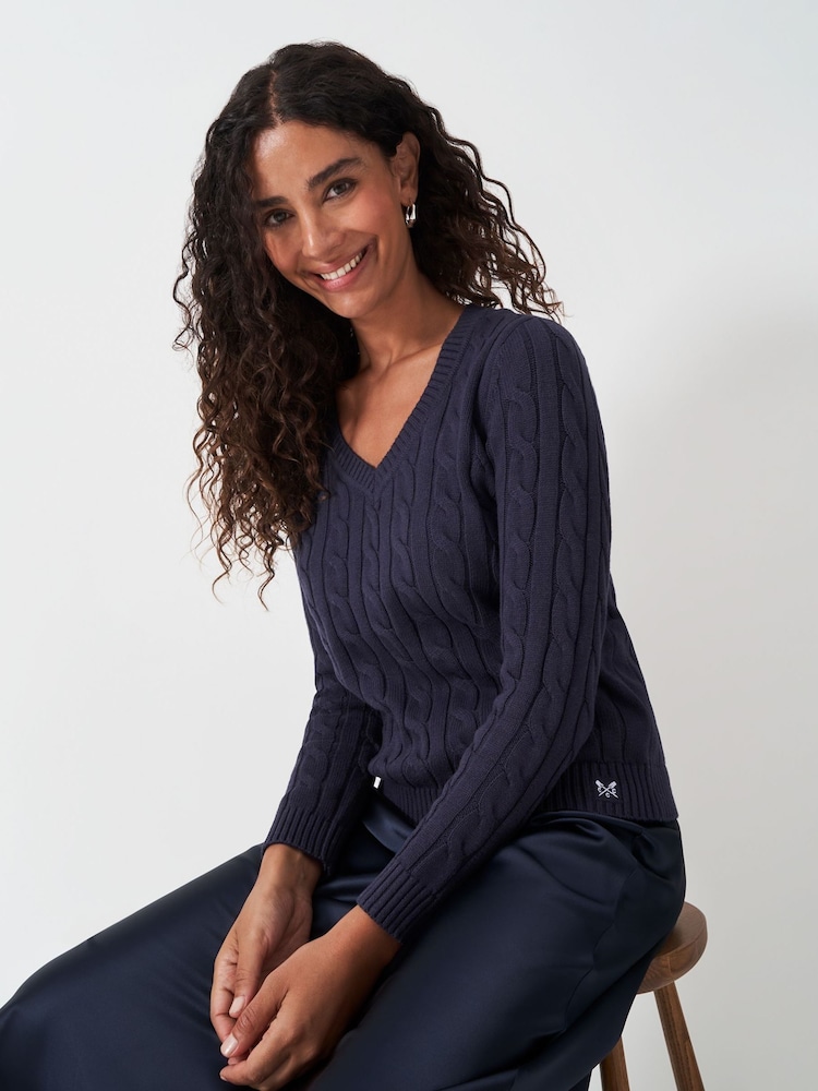Crew Clothing Dark Blue Chunky Cable Knit V-Neck Jumper - Image 1 of 1