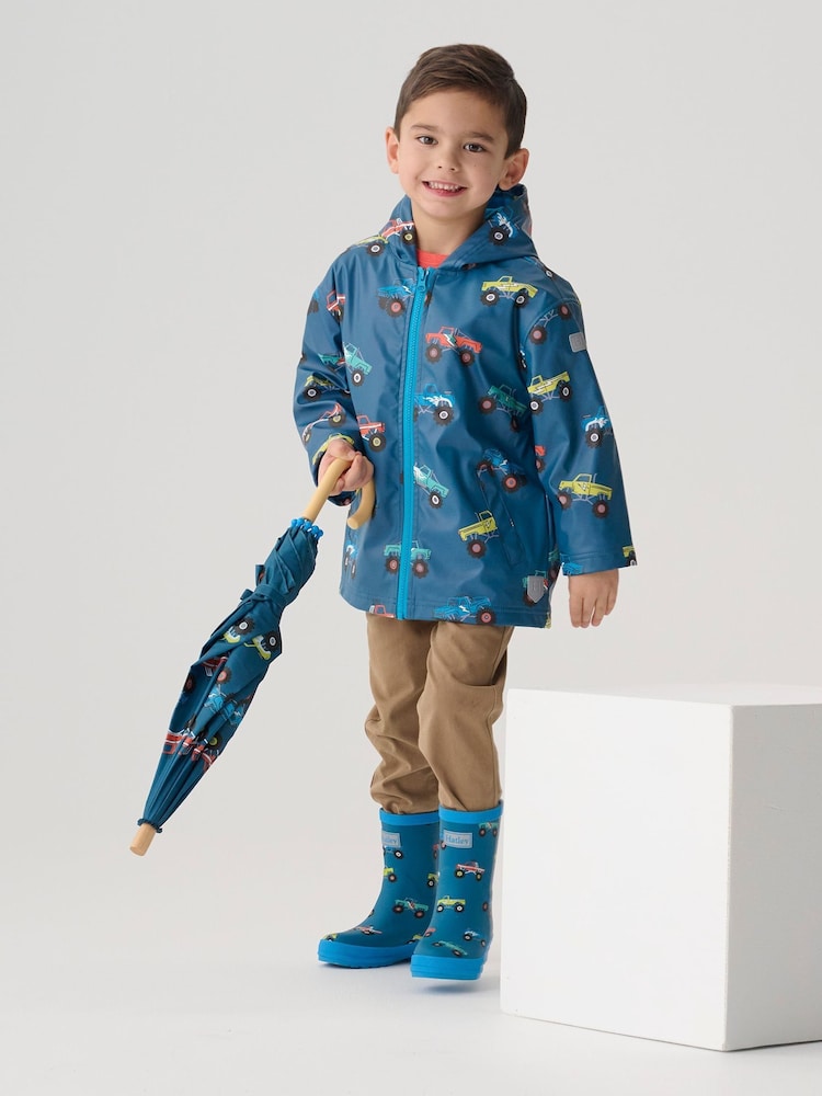 Hatley Blue Monster Trucks Zip-Up Rain Jacket - Bild 1 von 4