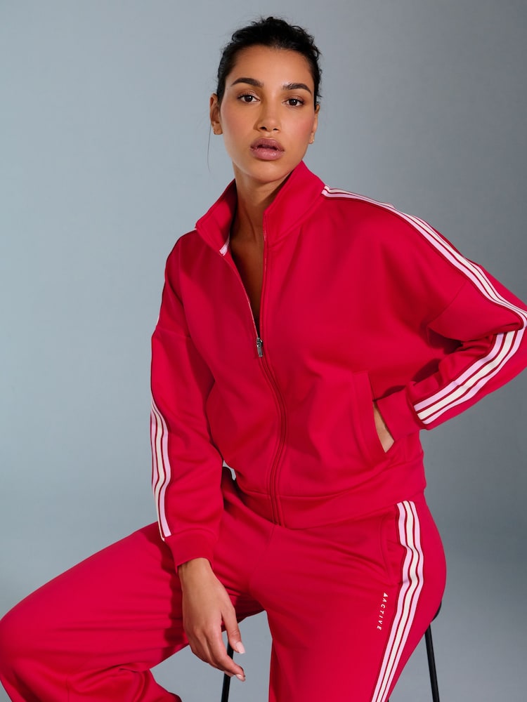 Red Retro Tracksuit Jacket with Contrast Piping - Image 2 of 10