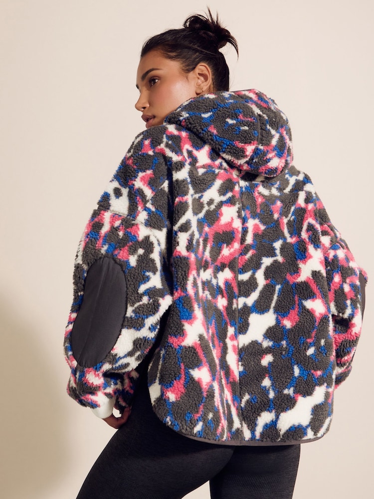Print Hooded Elbow Patch Borg Fleece Jacket - Image 3 of 7