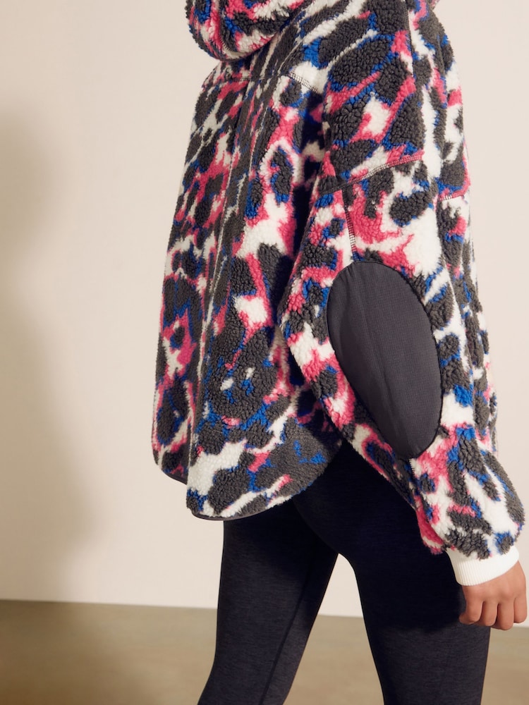 Print Hooded Elbow Patch Borg Fleece Jacket - Image 4 of 7