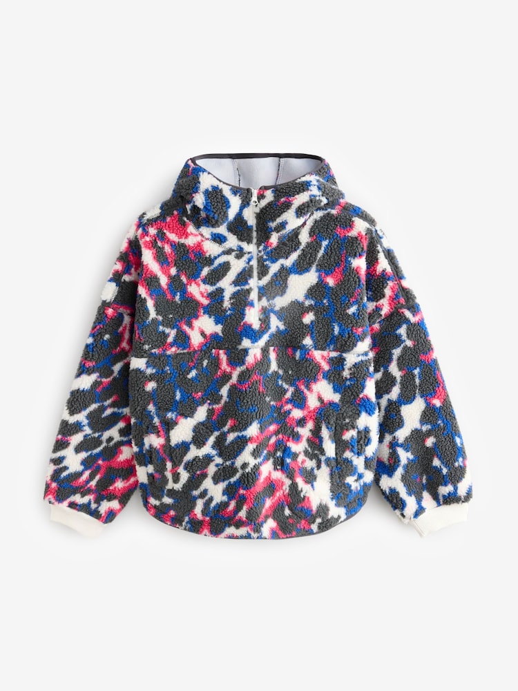 Print Hooded Elbow Patch Borg Fleece Jacket - Image 5 of 7