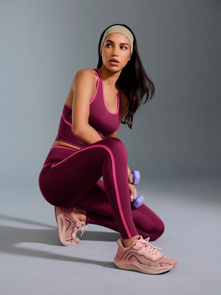 Piped Burgundy Red Power Active Sports Leggings - Image 1 of 8