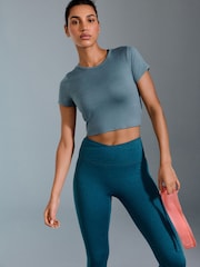 Teal Blue Yoga Sports Short Sleeve Top with Open Back - Image 2 of 9