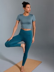 Teal Blue Yoga Sports Short Sleeve Top with Open Back - Image 4 of 9
