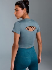 Teal Blue Yoga Sports Short Sleeve Top with Open Back - Image 5 of 9