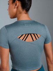 Teal Blue Yoga Sports Short Sleeve Top with Open Back - Image 6 of 9
