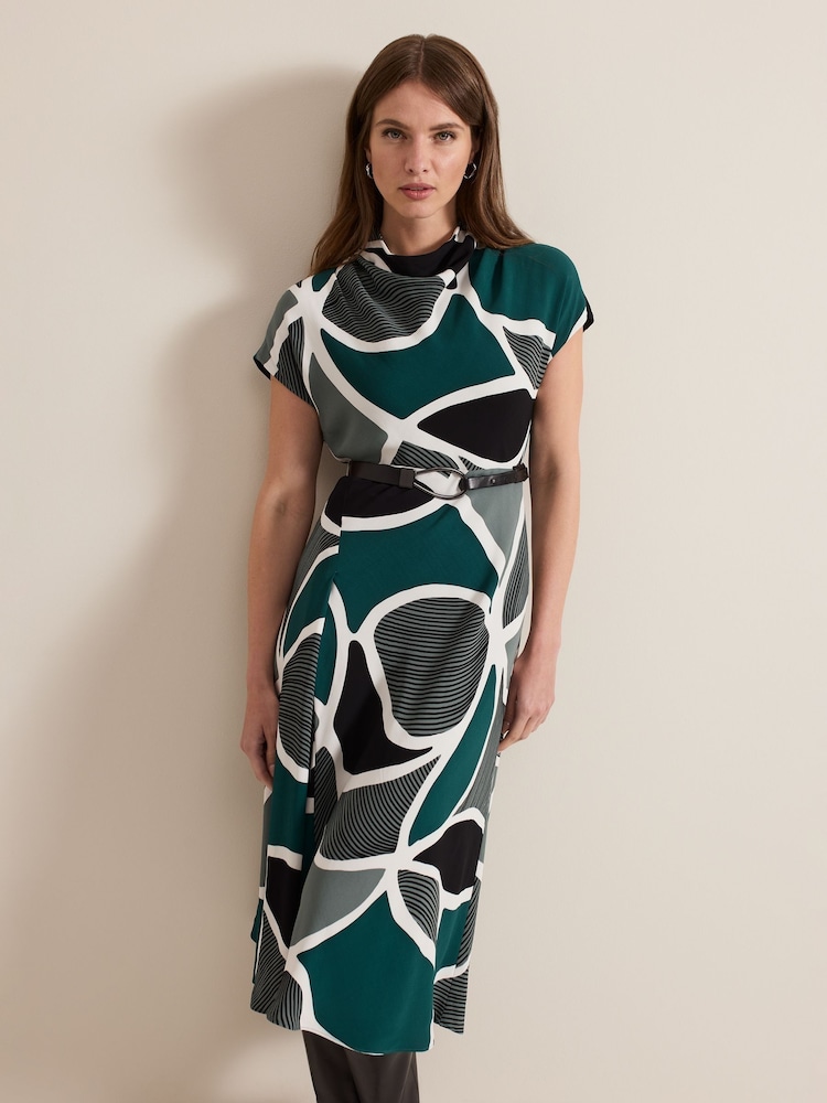 Phase Eight Green Petite Zaynab Swirl Cowl Neck Midi Dress - Image 1 of 6