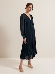 Phase Eight Blue Petite Kindra Teal Chiffon Pleated Midi Dress - Image 1 of 9
