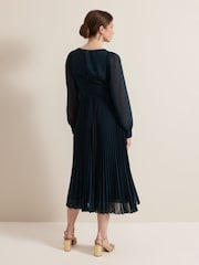 Phase Eight Blue Petite Kindra Teal Chiffon Pleated Midi Dress - Image 2 of 9