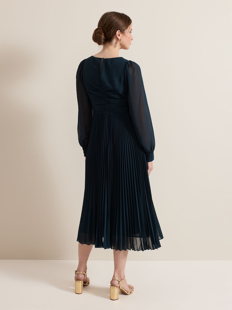 Phase Eight Blue Petite Kindra Teal Chiffon Pleated Midi Dress - Image 2 of 9