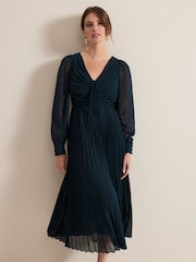 Phase Eight Blue Petite Kindra Teal Chiffon Pleated Midi Dress - Image 3 of 9