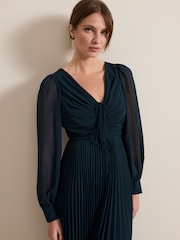 Phase Eight Blue Petite Kindra Teal Chiffon Pleated Midi Dress - Image 4 of 9