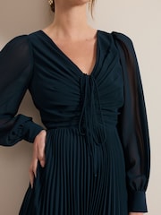 Phase Eight Blue Petite Kindra Teal Chiffon Pleated Midi Dress - Image 5 of 9