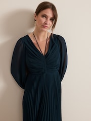 Phase Eight Blue Petite Kindra Teal Chiffon Pleated Midi Dress - Image 6 of 9