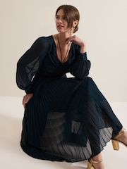 Phase Eight Blue Petite Kindra Teal Chiffon Pleated Midi Dress - Image 7 of 9
