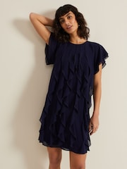 Phase Eight Blue Claudette Frill Dress - Image 1 of 7