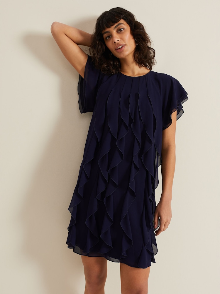 Phase Eight Blue Claudette Frill Dress - Image 1 of 7