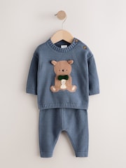 Blue 100% Cotton Bear Knitted 2 Piece Set - Image 1 of 4