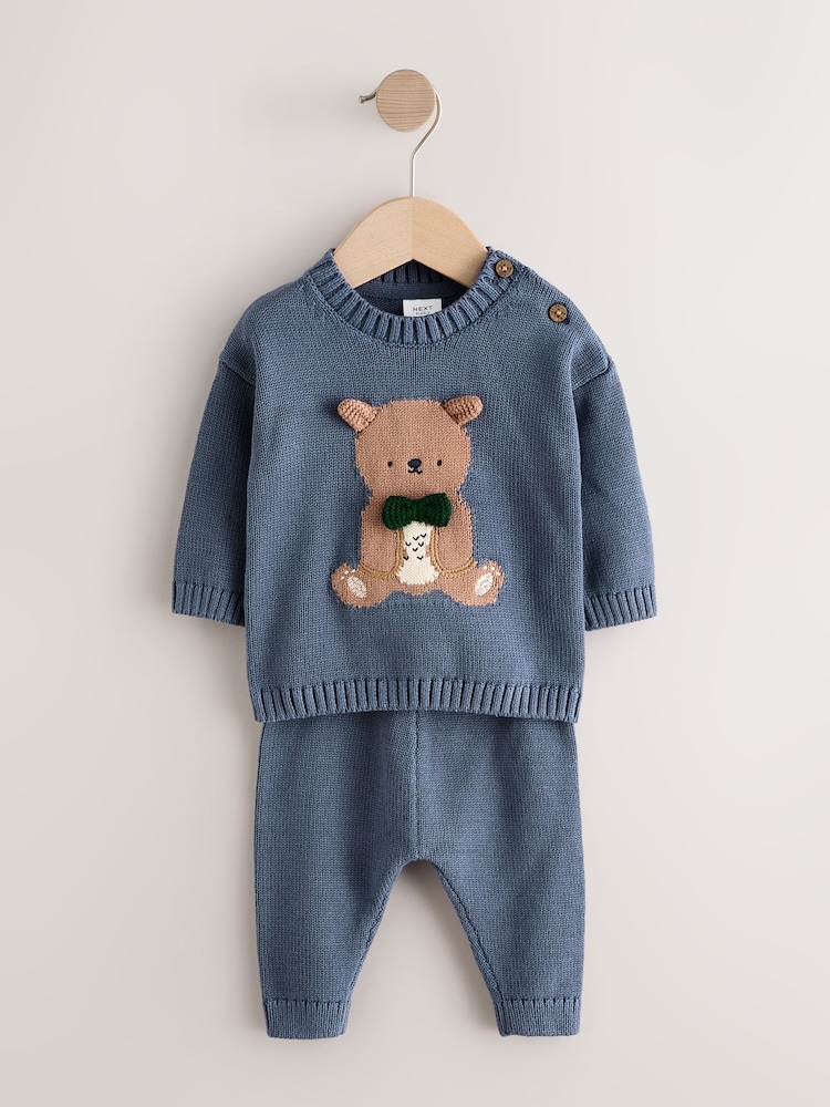 Blue 100% Cotton Bear Knitted 2 Piece Set - Image 1 of 4