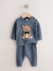 Blue 100% Cotton Bear Knitted 2 Piece Set - Image 2 of 4