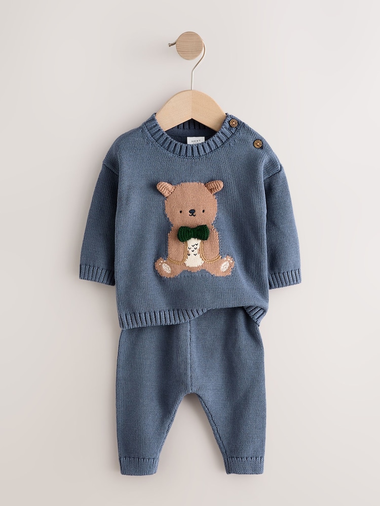 Blue 100% Cotton Bear Knitted 2 Piece Set - Image 2 of 4