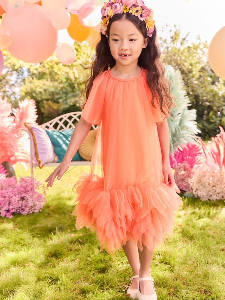 Bright Orange Mesh Party Dress (3-16yrs) - Image 1 of 9