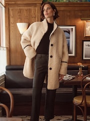 Love & Roses Cream Borg Funnel Neck Mid Length Coat - Image 1 of 4