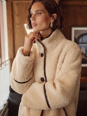 Love & Roses Cream Borg Funnel Neck Mid Length Coat - Image 2 of 4