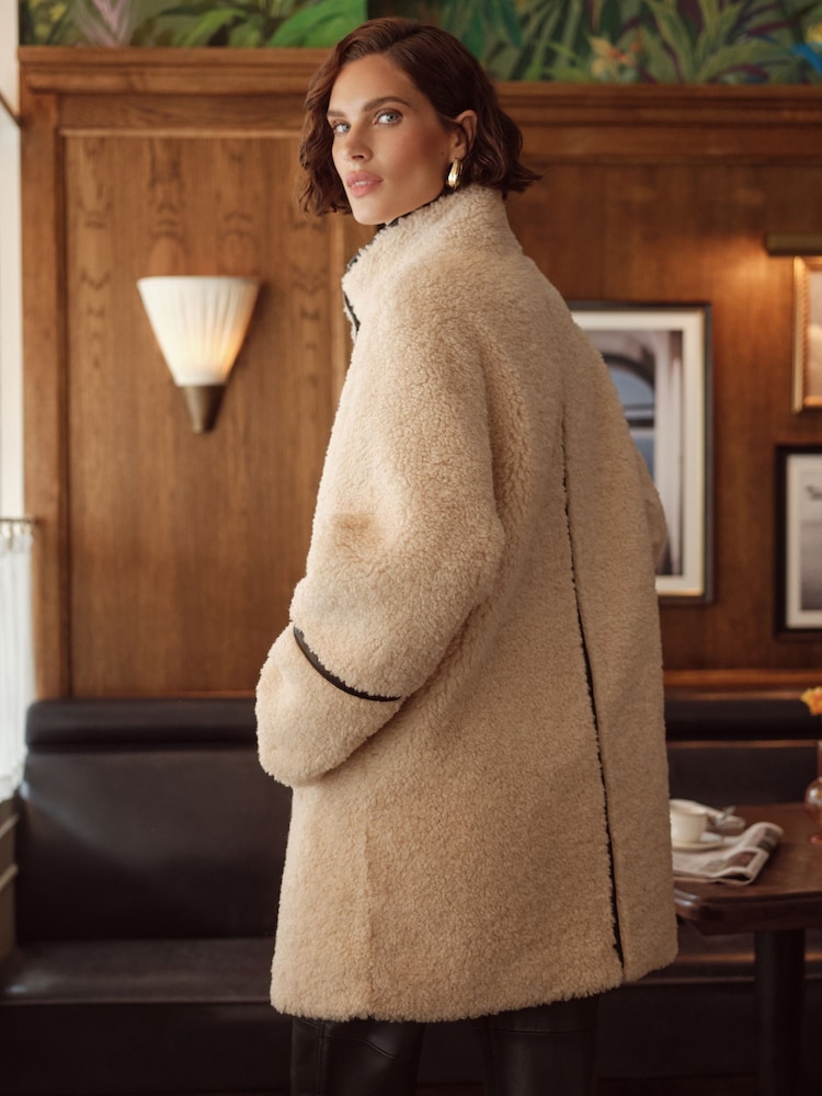 Love & Roses Cream Borg Funnel Neck Mid Length Coat - Image 4 of 4
