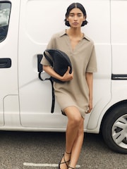 Hush Brown Orla Mini Linen 100% Cotton Polo Dress - Image 1 of 6