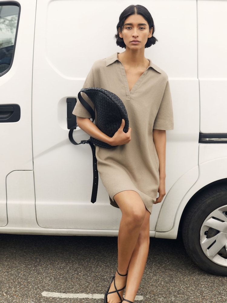 Hush Brown Orla Mini Linen 100% Cotton Polo Dress - Image 1 of 6
