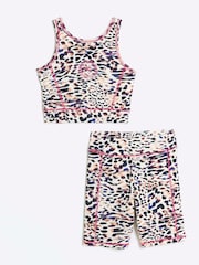 River Island Brown Girls Leopard Print 100% Cotton Crop Top and Shorts Set - Image 1 of 4
