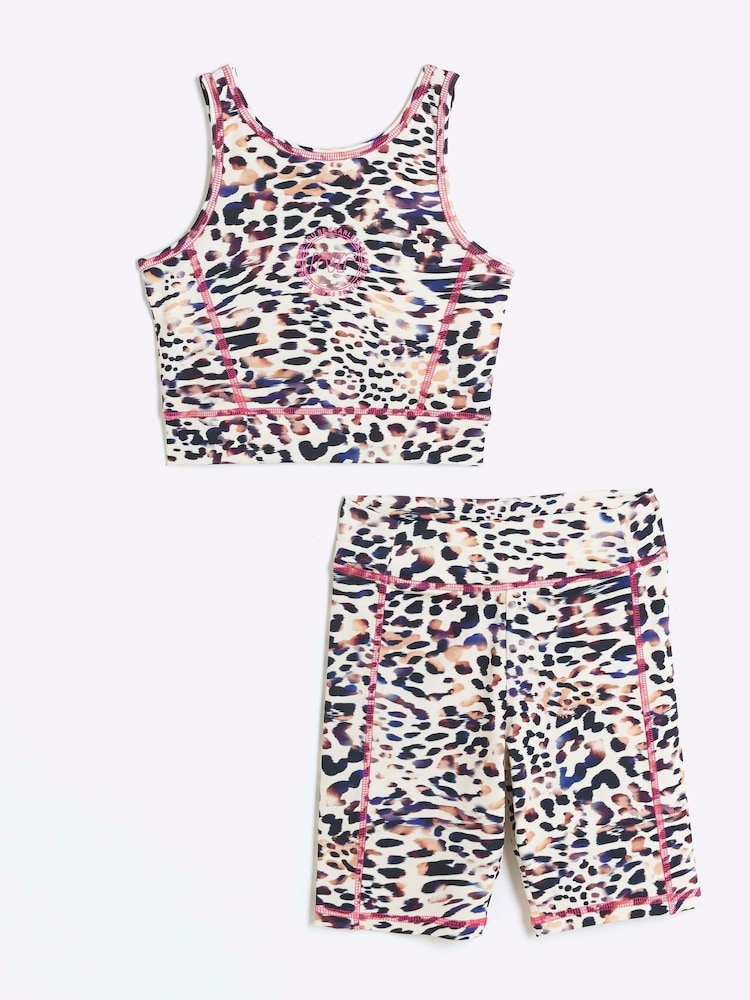 River Island Brown Girls Leopard Print 100% Cotton Crop Top and Shorts Set - Image 1 of 4