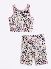 River Island Brown Girls Leopard Print 100% Cotton Crop Top and Shorts Set - Image 2 of 4