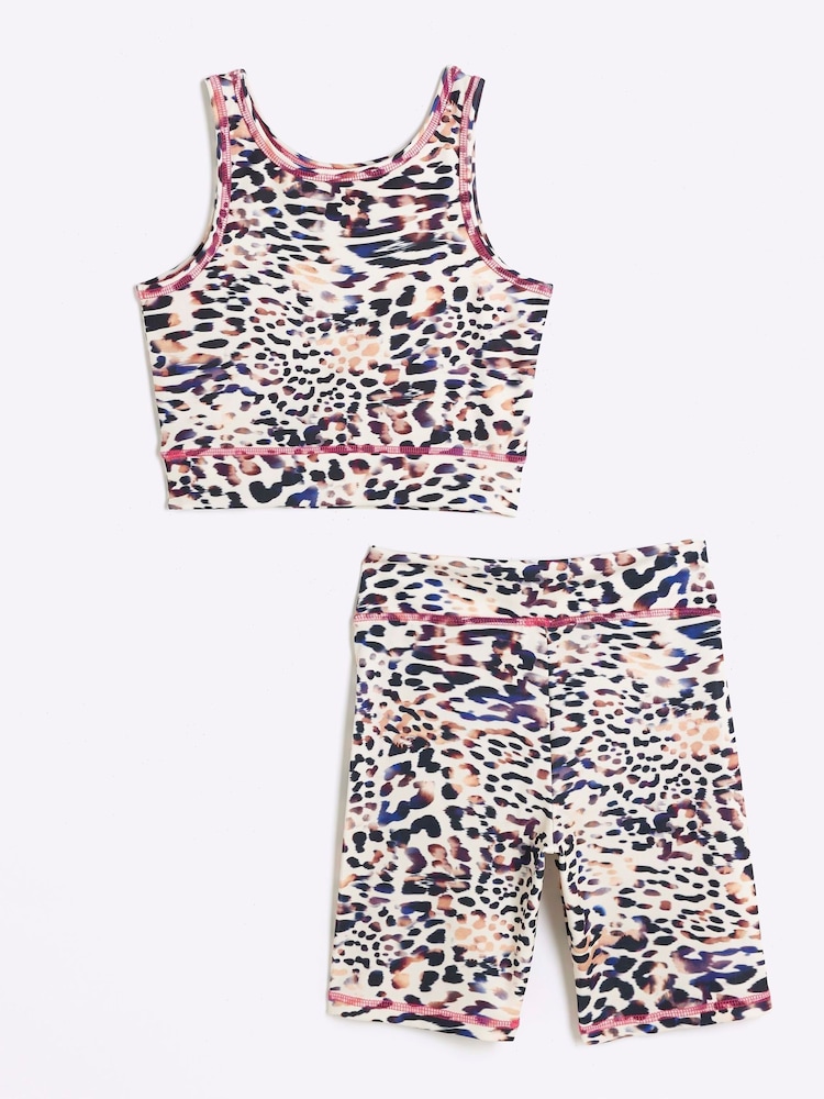 River Island Brown Girls Leopard Print 100% Cotton Crop Top and Shorts Set - Image 2 of 4 River Island Brown Girls Leopard Print 100% Cotton Crop Top and Shorts Set - Image 2 of 4