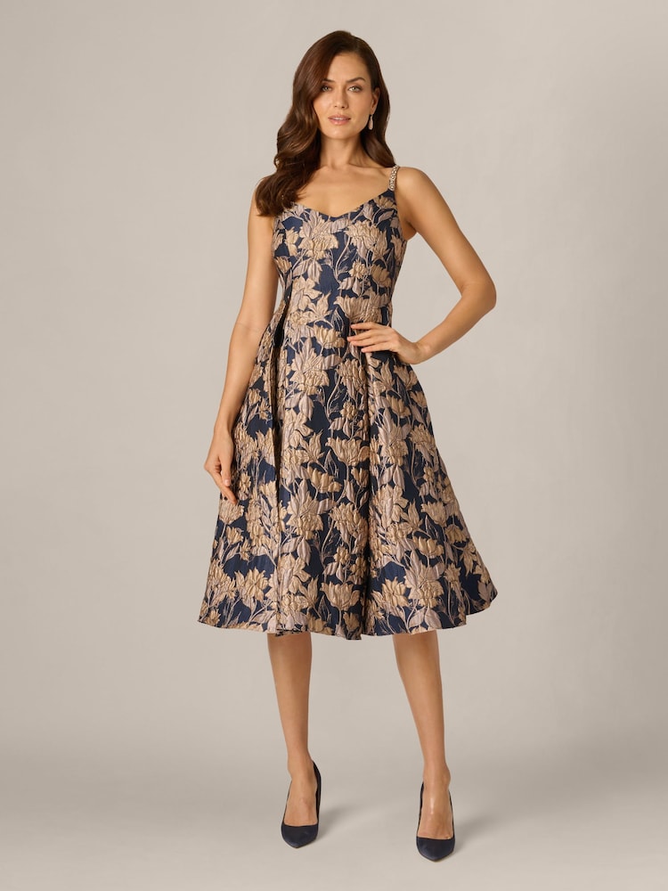 Adrianna Papell Blue Jacquard Midi Dress - Image 1 of 6