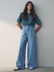 Mid Blue Palazzo Wide Leg 100% Cotton Jeans - Image 1 of 8