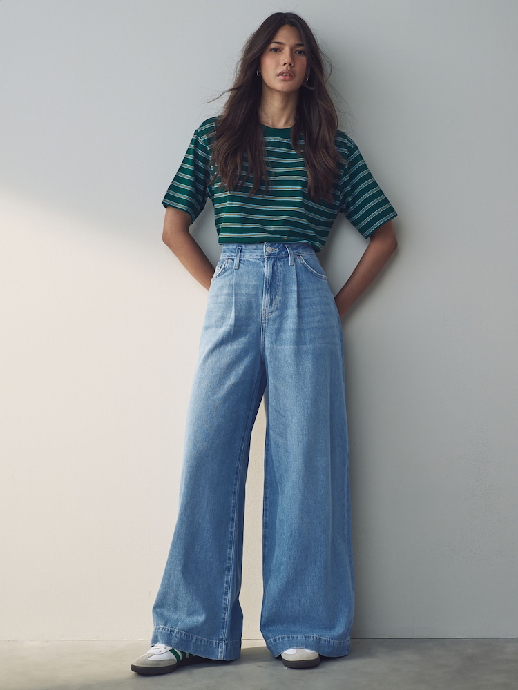 Mid Blue Palazzo Wide Leg 100% Cotton Jeans - Image 1 of 8