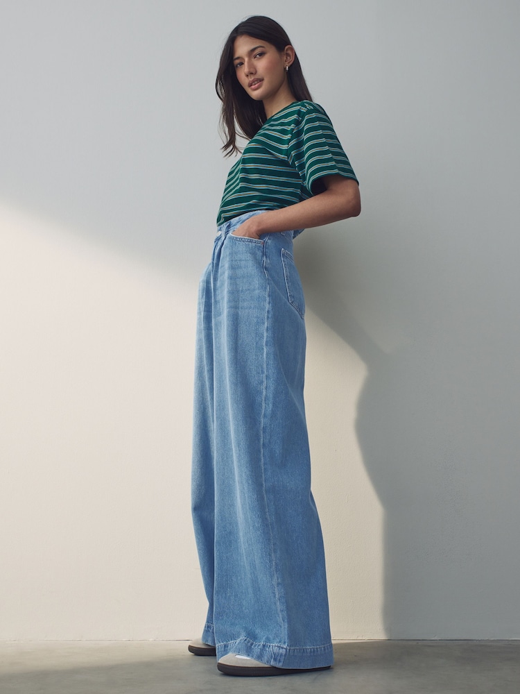 Mid Blue Palazzo Wide Leg 100% Cotton Jeans - Image 2 of 8