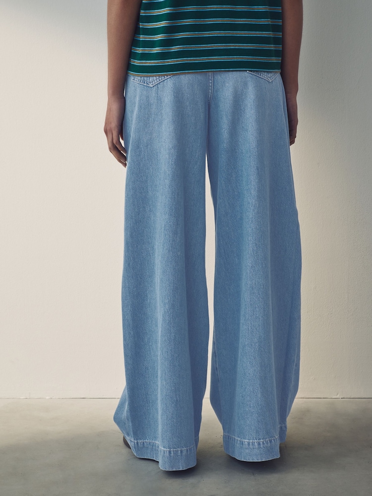أزرق متوسط - Palazzo Wide Leg 100% Cotton Jeans - Image 4 of 8