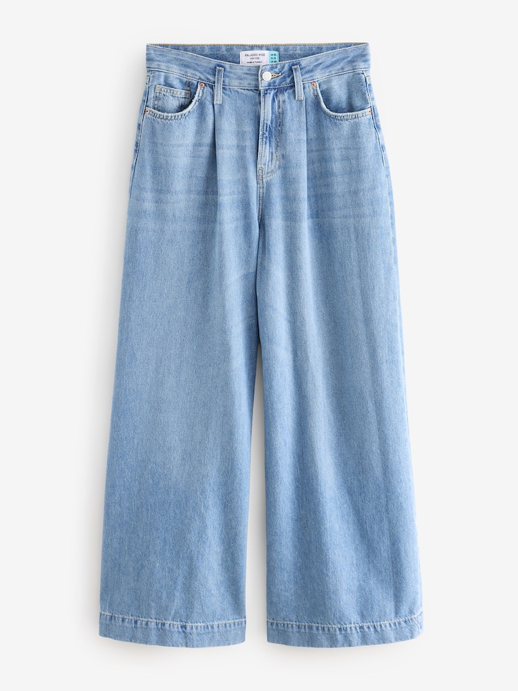 أزرق متوسط - Palazzo Wide Leg 100% Cotton Jeans - Image 6 of 8
