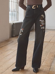Black Embroidered Wide Leg 100% Cotton Jeans - Image 1 of 9