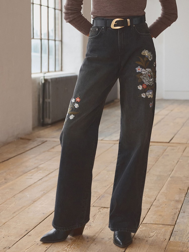 Black Embroidered Wide Leg 100% Cotton Jeans - Image 1 of 9