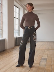 Black Embroidered Wide Leg 100% Cotton Jeans - Image 2 of 9