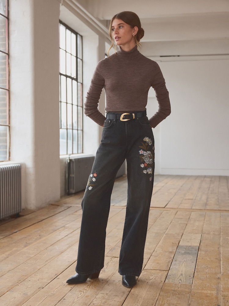 Black Embroidered Wide Leg 100% Cotton Jeans - Image 2 of 9