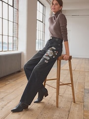 Black Embroidered Wide Leg 100% Cotton Jeans - Image 3 of 9