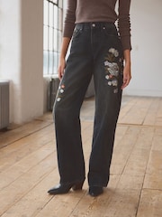 Black Embroidered Wide Leg 100% Cotton Jeans - Image 4 of 9