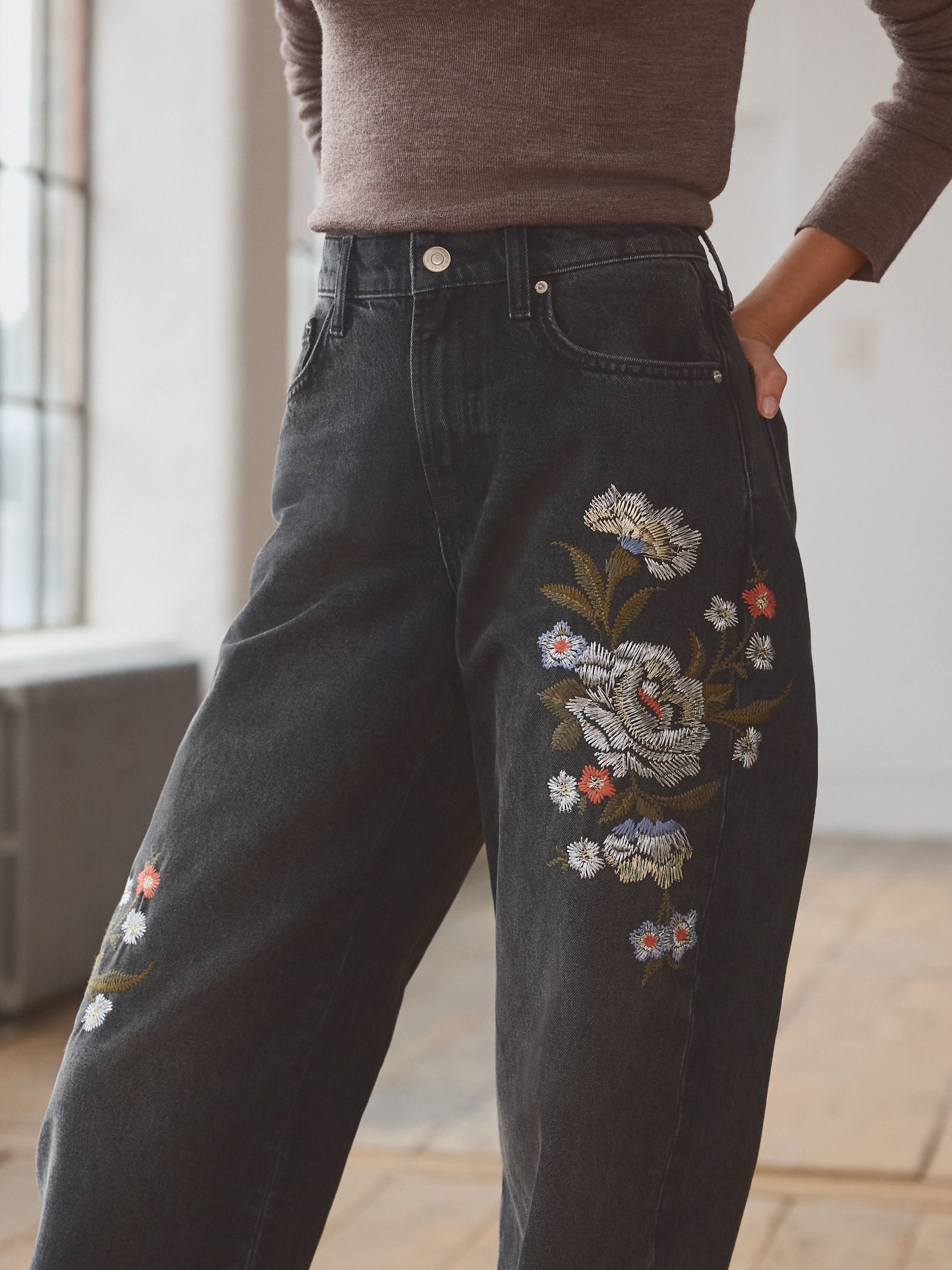 デニム・ジーパン Etro Wide Leg Black Jeans With Floral Embroidery Buy Black Embroidered Wide Leg 100% Cotton Jeans from Next